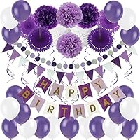 Zerodeco Birthday Decoration Set, Happy Birthday Banner Bunting with 4 Paper Fans Tissue 6 Paper Pom Poms Flower 10 Hanging Swirl and 20 Balloon for Birthday Party Decorations - Purple Lavender White