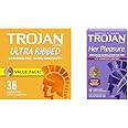 Trojan Ultra Ribbed Condoms for Ultra Stimulation, 36 Count, 1 Pack & Her Pleasure Sensations Spermicidal Lubricated Condoms, 12ct