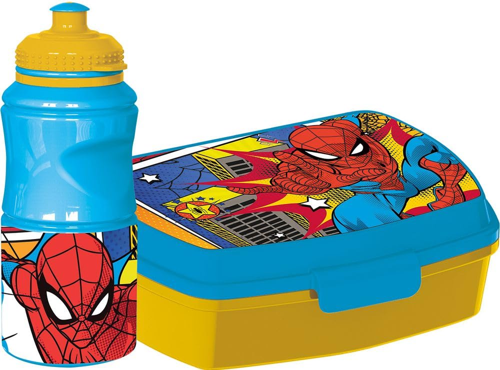 Marvel 380ml Water Bottle and Sandwich Box Blue Kids Plastic Spiderman with Non-Slip Band and Safety Lock