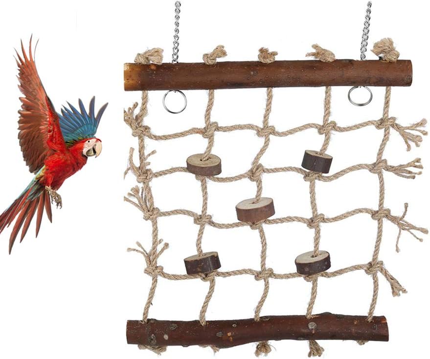 Bird Swings, Wooden Ladder Swing Hammock with 2 Hooks and Woven Rope for Parrots, Budgies, Parakeets, Cockatiels, Conures, Macaws, Lovebirds, Finches Climbing Chewing Pet Cage Hanging Toy
