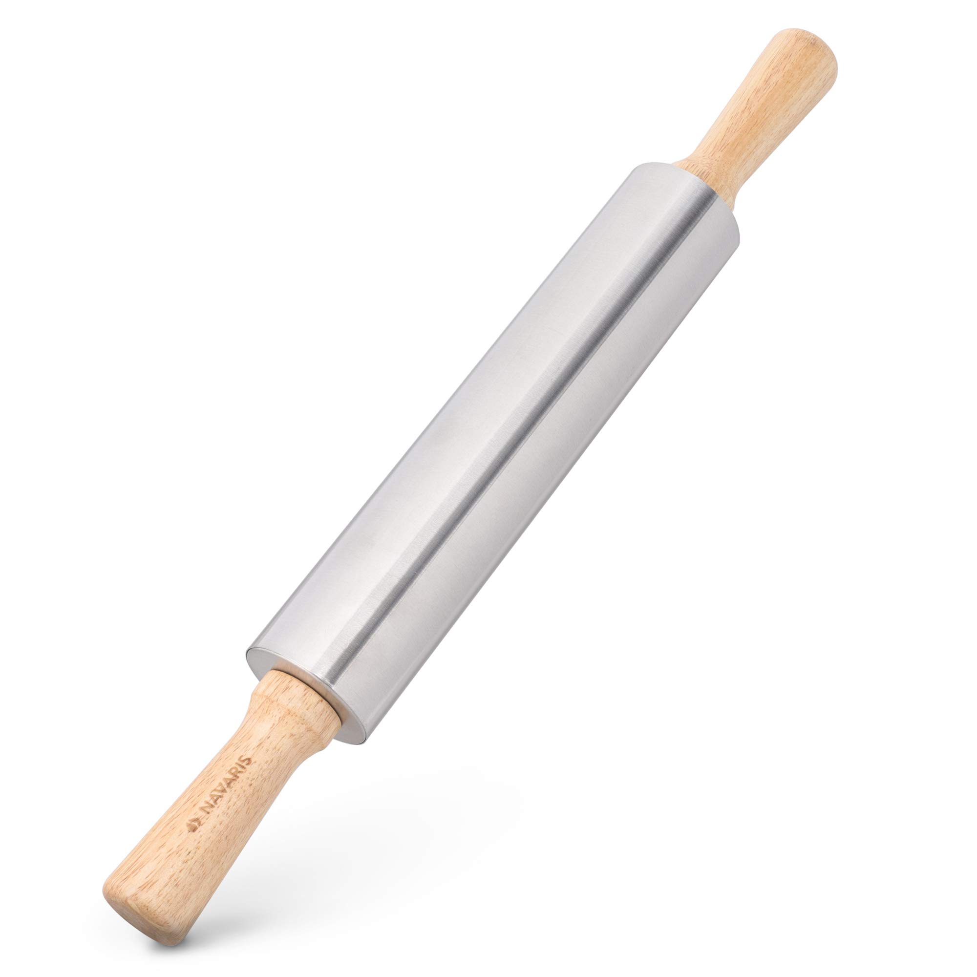 Navaris Stainless Steel Rolling Pin - Non-Stick Steel Rolling Pin with Wooden Handles for Baking, Cooking, Cookies, Biscuits, Pizzas, Dough- Silver
