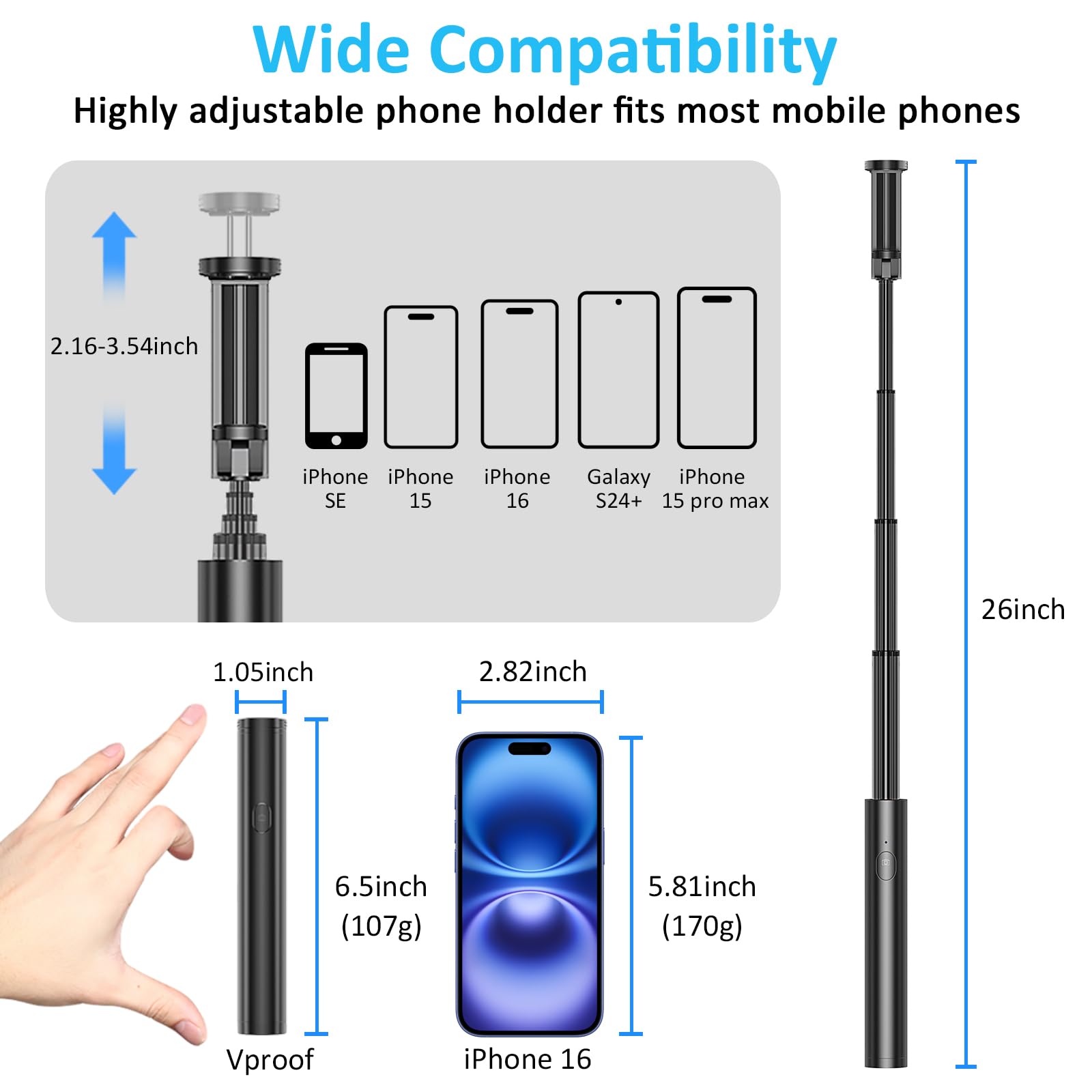 Selfie Stick Bluetooth, Lightweight Aluminum All in One Extendable Selfie Sticks Compact Design, Compatible with iPhone 17/16/15/14 Pro Max/14 Pro/14/14 Plus/13 Pro Max/13 Pro, Galaxy S22