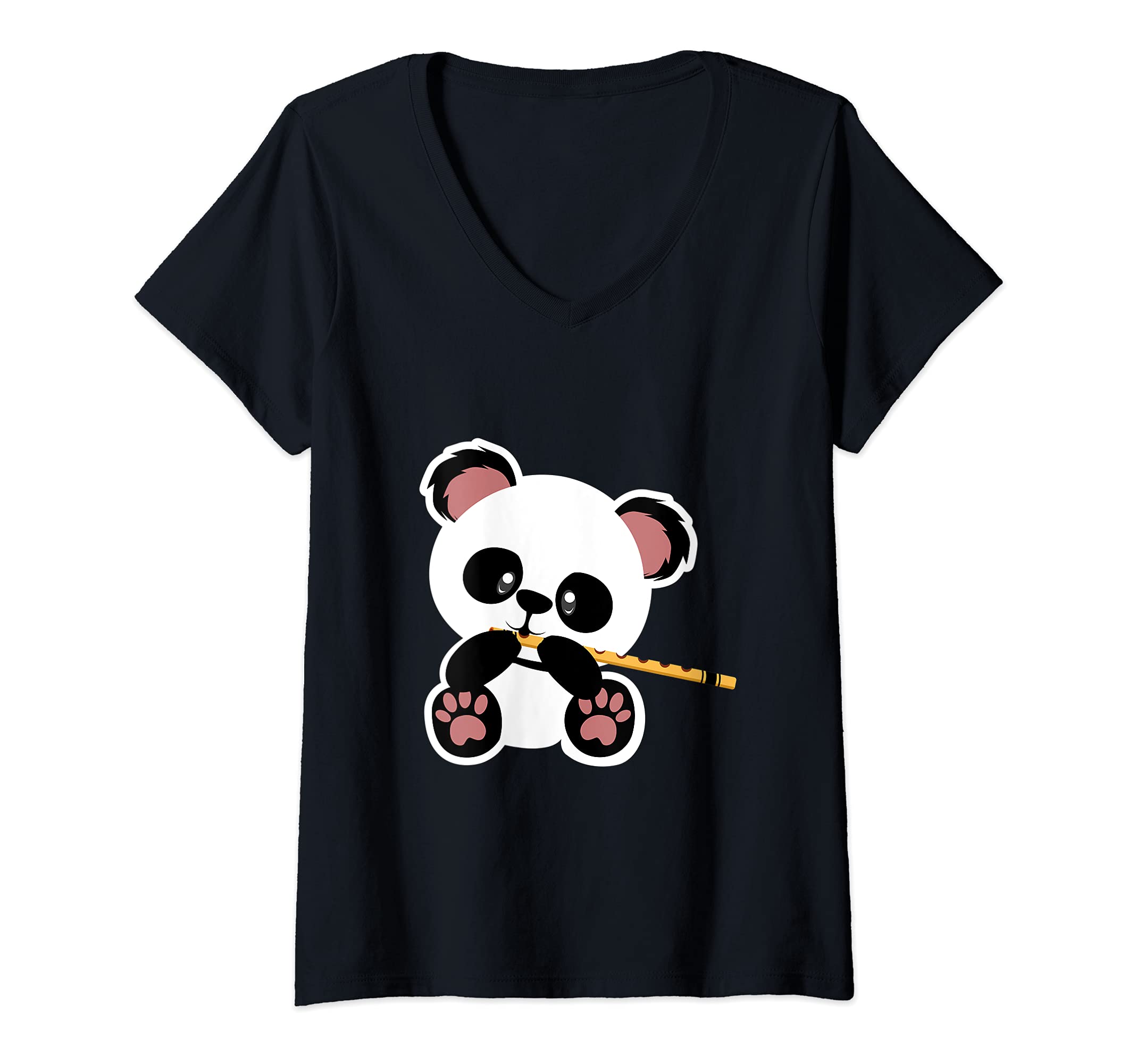 Womens Panda Flute Cute Musician or Flute Player V-Neck T-Shirt
