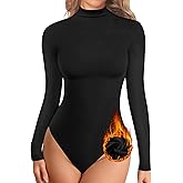 YOGINGO Women's Long Sleeve Mock Turtle Neck Fleece Lined Bodysuits Basic Going Out BodySuit Leotards for Colder Weather