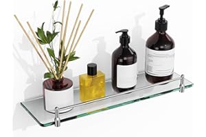 KOCOK Glass Bathroom Shelves,Chrome Polished Floating Shelves for Wall Rectangular Modern Stainless Steel Glass Shelf for Bat