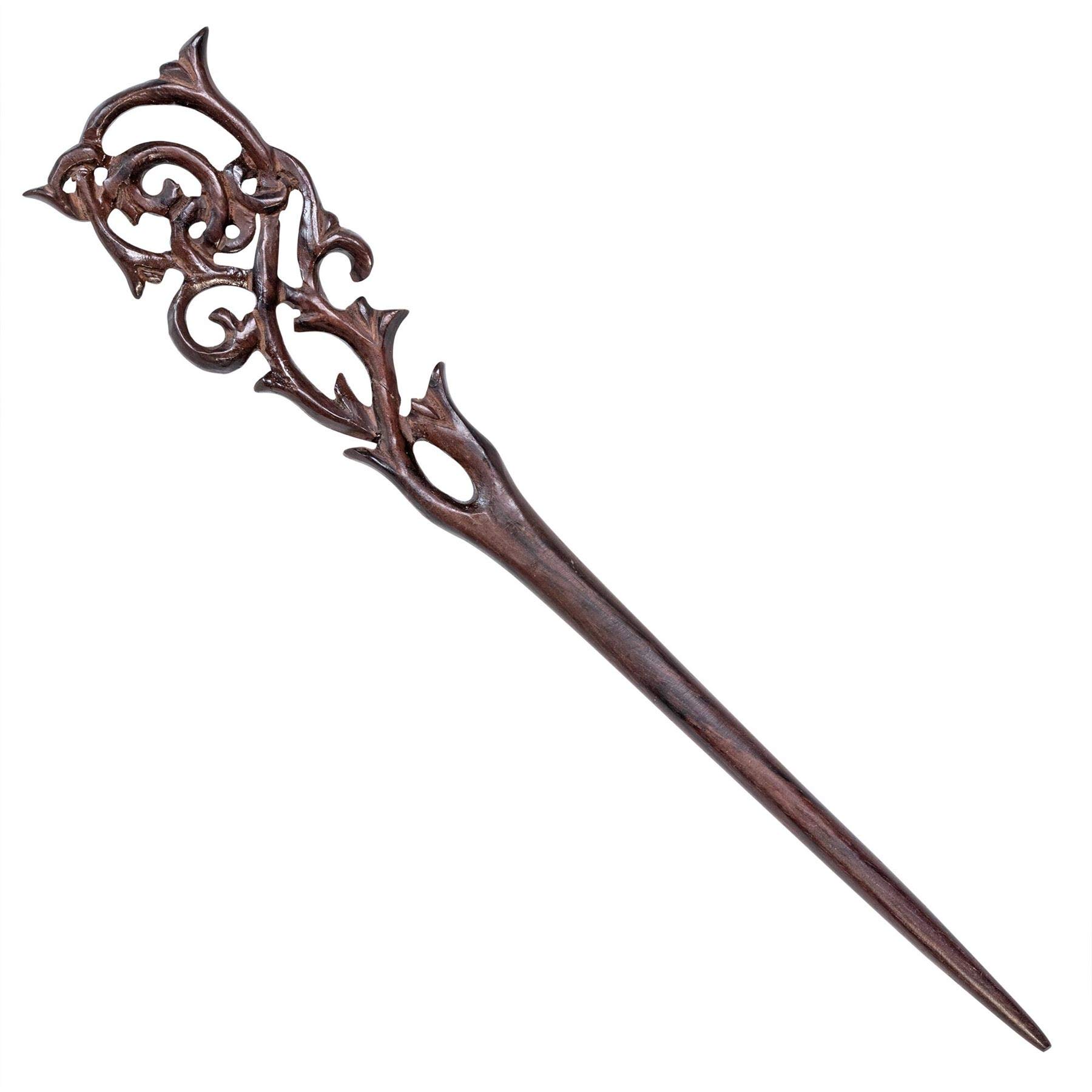 81stgeneration Women's Brown Natural Wood Wooden Double Prong Antique Style Ornate Carved Hair Stick Hairpin
