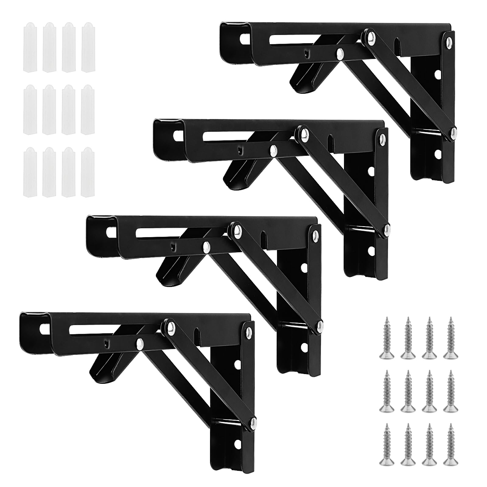 MANCHAP 4 PCS 8 Inch Black Folding Shelf Brackets, 20cm Metal Wall Triangle Bracket for Kitchen, Office, Home