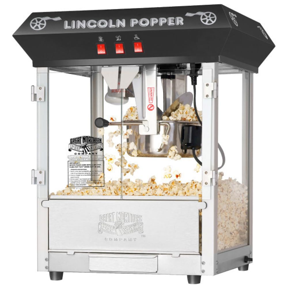 Photo 1 of Lincoln Popcorn Machine - 8oz Popper with Stainless-Steel Kettle, Reject Kernel Tray, Warming Light and Accessories by Great Northern Popcorn (Black)