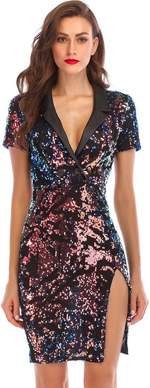 Women's Sexy Dance Dress with Suit Collar,Side Slit \Sequins\Beading \a Line Short Skirt Mix