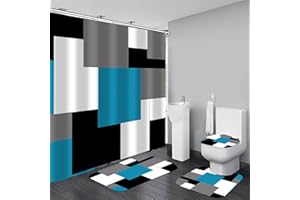 Yizheer Geometric Blue Bathroom Shower Curtain Sets with Non-Slip Rugs,Toilet Lid Cover and Bath Mat, Black and Gray Bathroom Decor Set Accessories Waterproof Shower Curtains