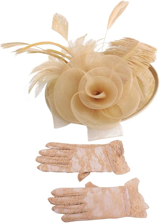 Women Fascinators and Gloves Set Vintage Tea Party Hat Lace Handwear