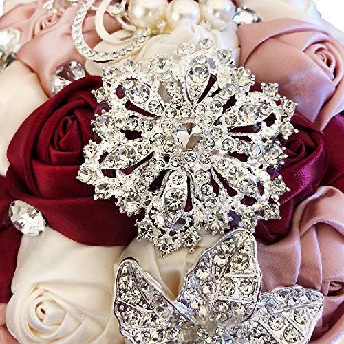 Abbie Home Advanced Customization Romantic Bride Wedding Holding Toss Bouquet Creamy White Rose Brooch with Pearls and Rhinestone Decorative brooches Accessories-Multi Color (Burgundy + Pink)