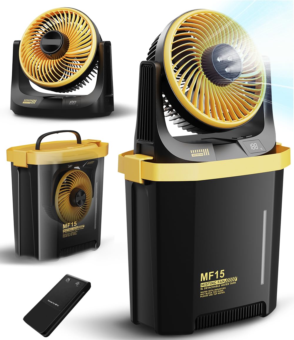 Photo 1 of Instern Portable Misting Fan with 9L Bucket, 20000mAh Rechargeable Battery Powered Floor Fan for Outside Travel, Replaceable Spray Nozzle&Battery,Outdoor Cooling Mist Fans for Patio - Yellow