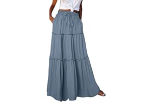 YOLAI Womens Loose Long High Elastic Waist with Pockets and Belt Maxi Skirt Pleated Skirt Beach Skirt Casual Skirt (Blue-a, M)