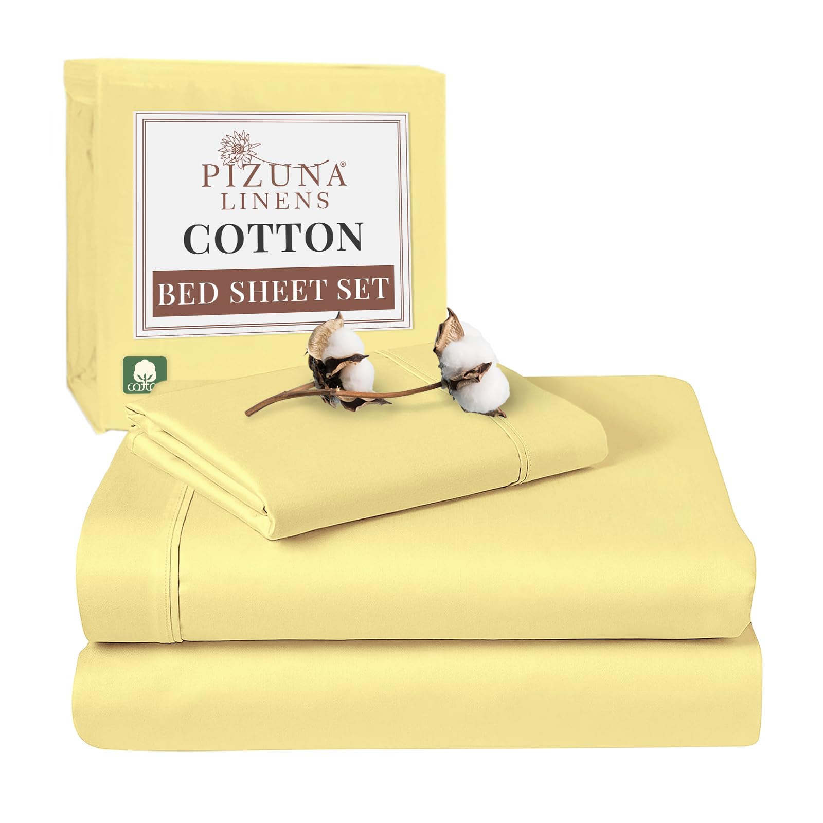 Pizuna 100% Cotton Single Bed Sheet Set Mellow Yellow, 400 Thead Count Long Staple Cotton Bedding Set 180x280 cm, Soft Sateen 3 PC Single Bed Sheet Set - Fitted Sheet, Flat Sheet & 1 Pillowcase