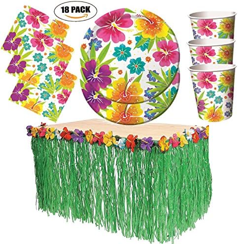 Tropical Luau Hawaiian Party Pack - Tableware and Decoration for 18 Guests - Plates, Napkins, Cups and Table Skirt