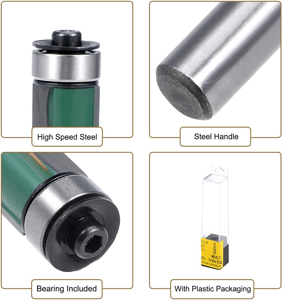 sourcing map Router Bit 1/4 Shank 1/2 inch Cutting Dia. 30mm Depth Flush Trim Bit with Bearing 2 Flutes HSS for Woodworking Milling Cutter Tool - Image 5