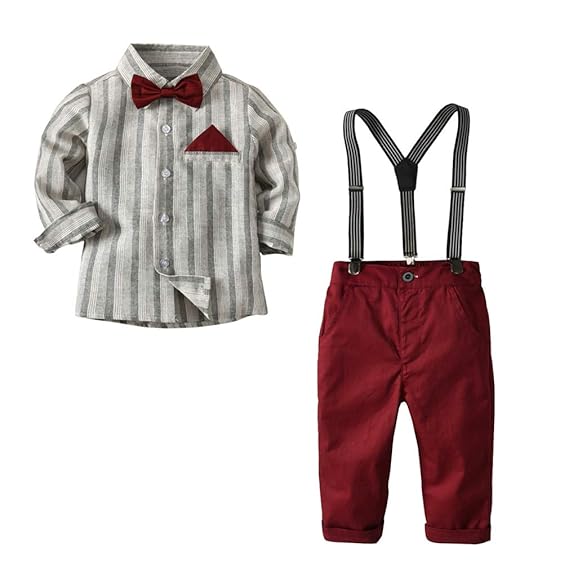 CARETOO Baby Jungen Bekleidungssets 100% Baumwolle Mantel+Langarm Hemd+Hose+Hosenträger+Fliege Krawatte Anzug Gentleman Festl