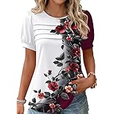 Zeagoo Womens Short Sleeve Tops Floral Boho Shirts Pleated Crewneck Summer Outfit Puff Sleeve Blouses Casual Tunic