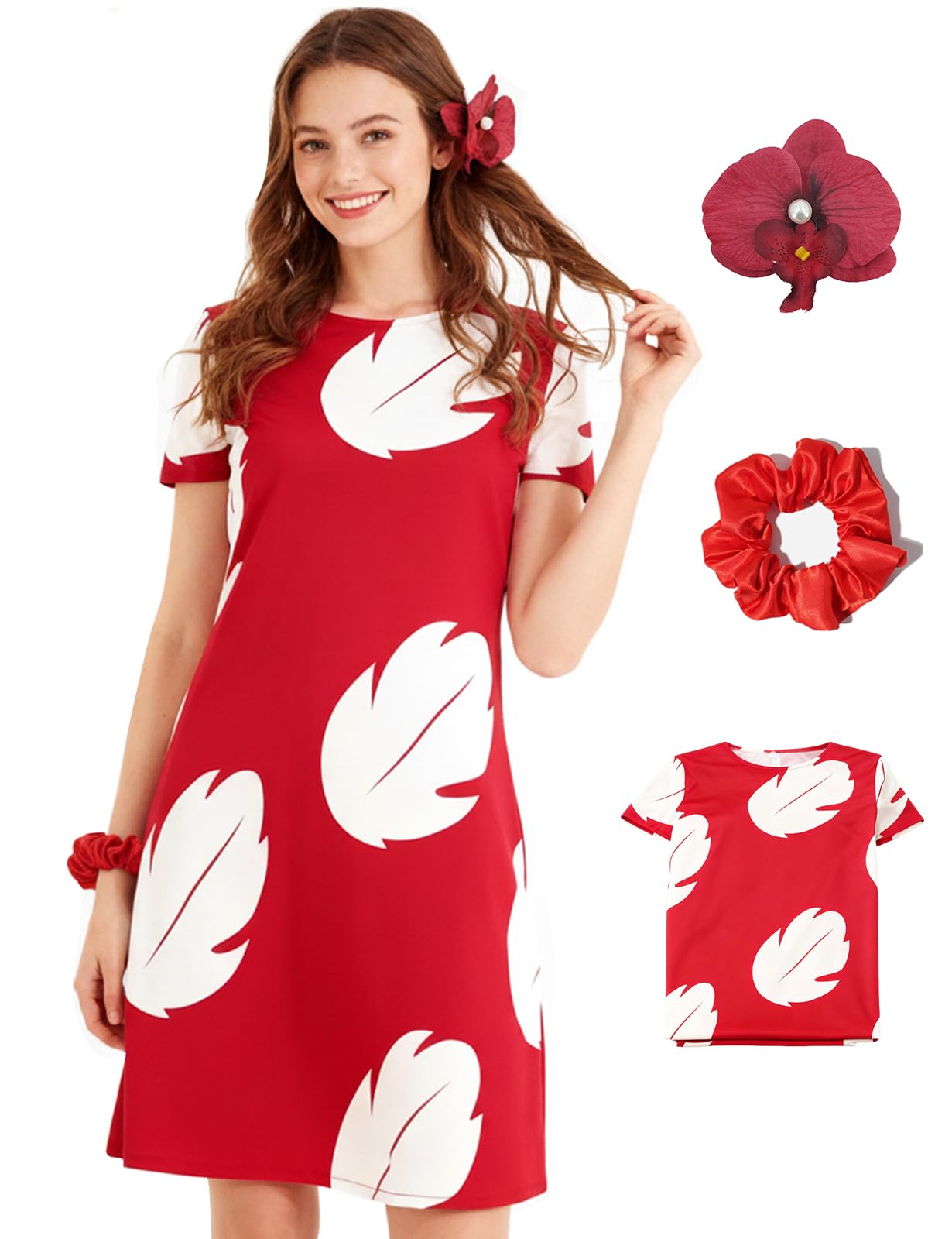 AYYOHON Island Princess Costume Women Hawaiian Leaf Dress Adult Costume Red Short Sleeve Summer Party Casual Halloween Suit 3XL