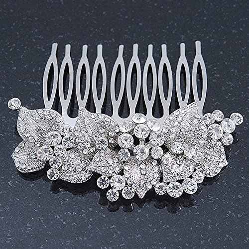 Bridal/ Wedding/ Prom/ Party Rhodium Plated Austrian Clear Crystal 'Leaves & Flowers' Hair Comb - 80mm