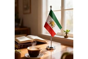 5'' x 8'' Cm Iran Old Persia Table Flag with Lion and Sun, 21x14 cm Iranian Office Flag with Pole and Base for Desk Decor