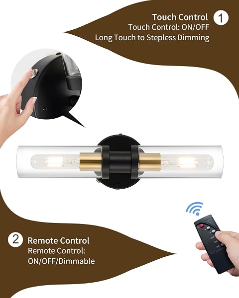 RAYOGALE RECHARGEABLE BATTERY WALL SCONCE 2 – WIRELESS, DIMMABLE, REMOTE, TOUCH CONTROL, 3000K FOR LIVING ROOM, BEDROOM BLACK GOLD 2 PACK (INCLUDE 4 SPECIA BULBS)