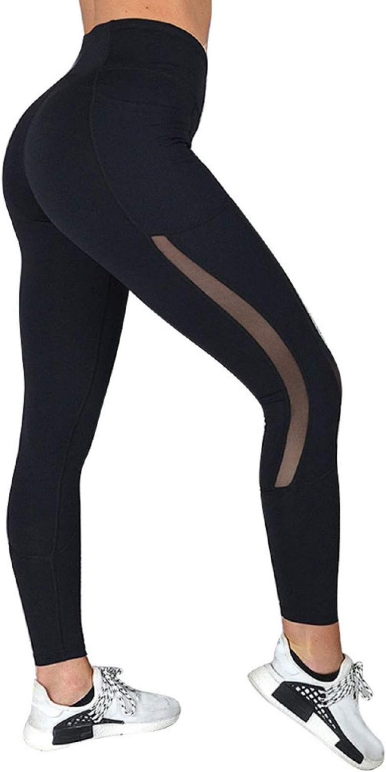 SNOWSONG Women's Yoga Pants High-Waist Tummy Control with Hidden Pocket Mesh Legging Pants