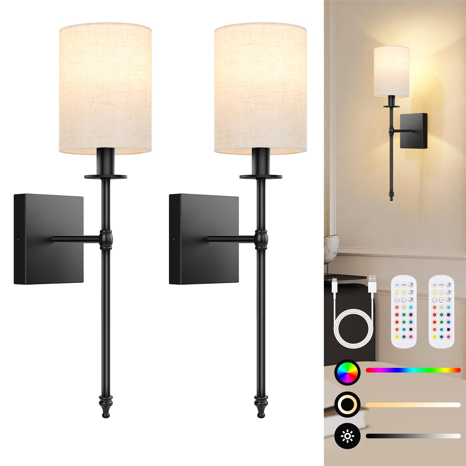 Photo 1 of 19.9 inch Battery Operated Wall Sconces Set of 2 with Remote, Rechargeable Wireless Wall Lights with Beige Fabric Shade, Indoor Not Hardwired Dimmable for Bedroom Living Room Decor