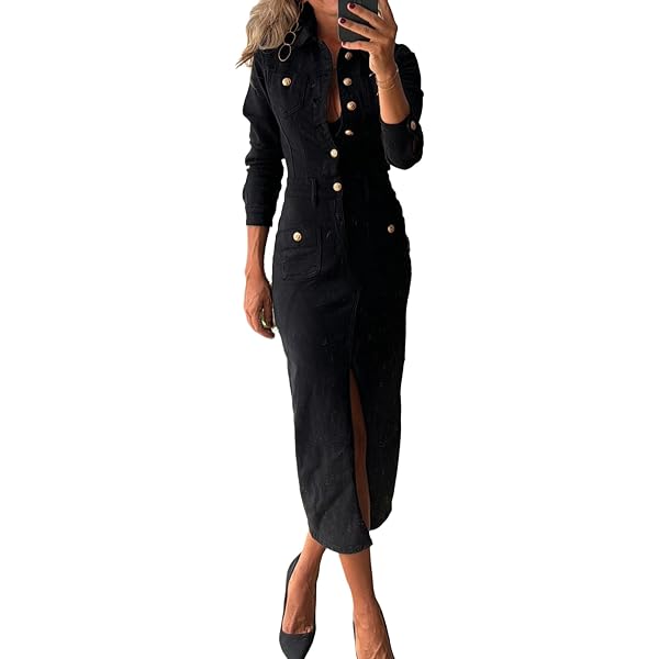 Amazon.com: Women's Maxi Denim Dress Long Sleeve Lapel Button Slit Long Jean  Dress Sexy Bodycon Dress,Blue,S : Clothing, Shoes & Jewelry