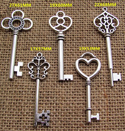 SL crafts Mixed 50pcs Antique Silver Skeleton Keys & 50 pcs White Tags Key Charms Pendants Wedding favor 53mm-68mm