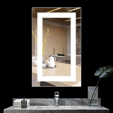 Amazon Com Bath Knot 20x28 Inch Led Lighted Bathroom Wall Mounted Mirror Vanity Bathroom Mirror For Wall With High Lumen Cri 90 Warm White Light And Anti Fog Function Ip44 Waterproof Mirror No Button Kitchen amazon com