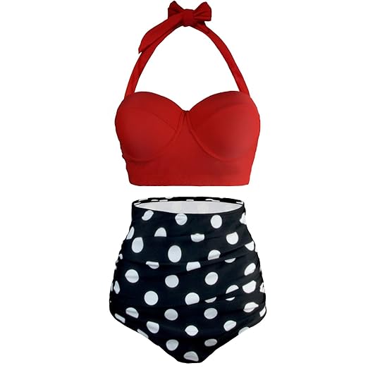UPhitnis Damen Bikini Set High Waist Badeanzug Retro Stil Polka-Punkt Bademode Backless Badebekleidung Strandmode