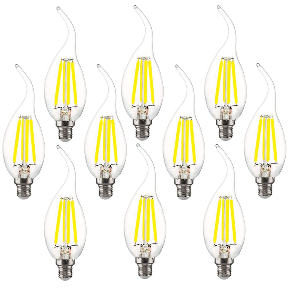 ZYUJIA 10 Packs 4W E14 LED Candle Bulb(Equivalent to 40W) 400LM Not-Dimmable C35 LED Filament Light Bulb,6500K Cool White Vintage Filament Energy Saving Candelabra Lamp,360 Beam Angle