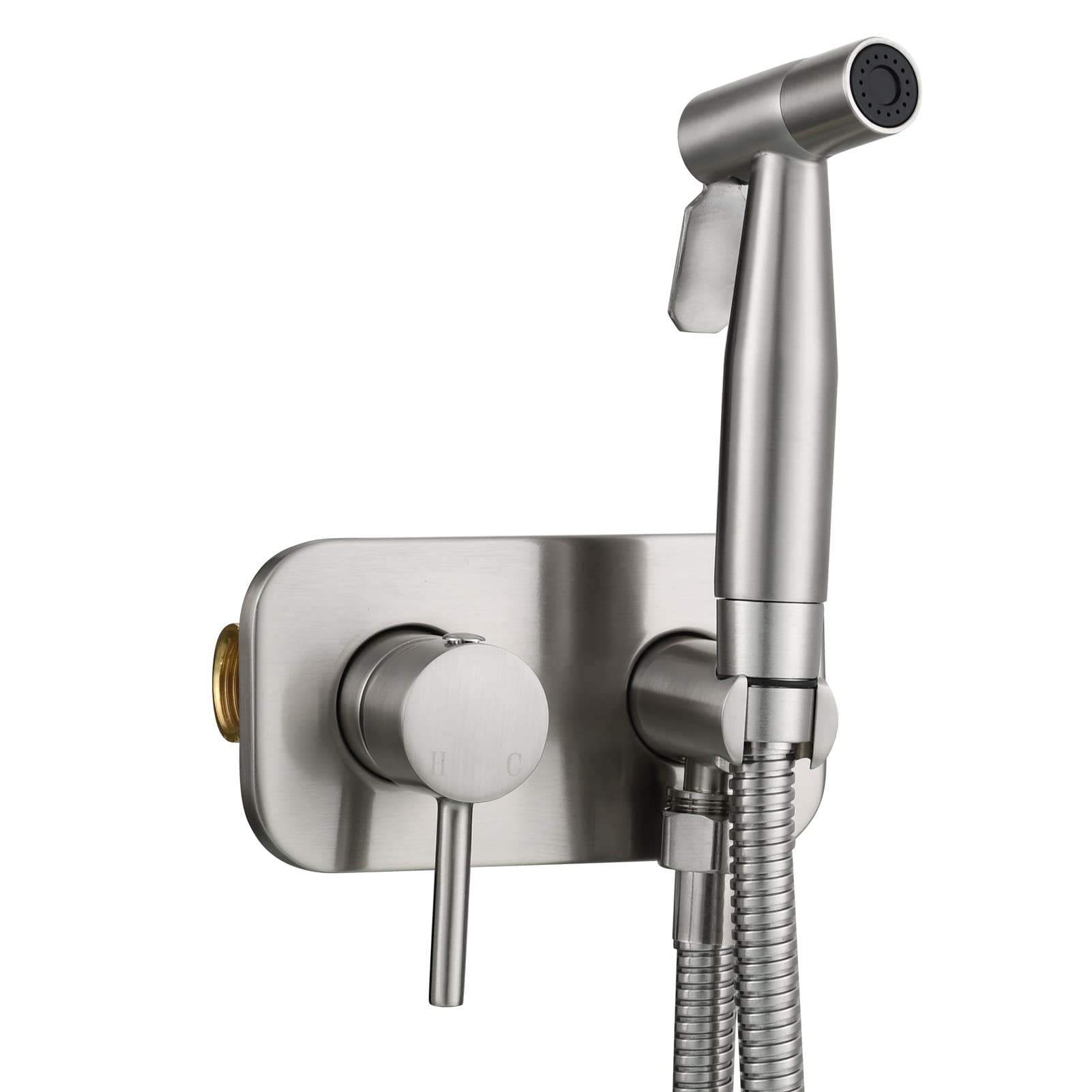 Tecmolog WS024F9 Flush-Mounted Toilet Shower Set Stainless Steel Cold and Hot Water Bidet Hand Shower with Hose and Holder Nickel