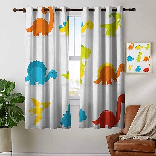 Blackout Curtains Dinosaur,Cute and Funny Dinosaurs Set Cartoon Style
