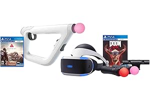 PS4 Shooter Bundle (5 Items): VR Headset CUH-ZRV1, Farpoint Aim Controller Bundle, PSVR Doom Game, Playstation Camera, and 2 Move Motion Controllers