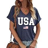 Vircreate Womens Casual Short Sleeve V Neck T-Shirts 4th of July USA Flag T Shirts Patriotic Graphic Tees