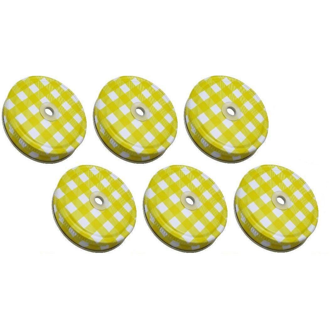Lids with Straw Hole 6 Pieces, Yellow Gingham