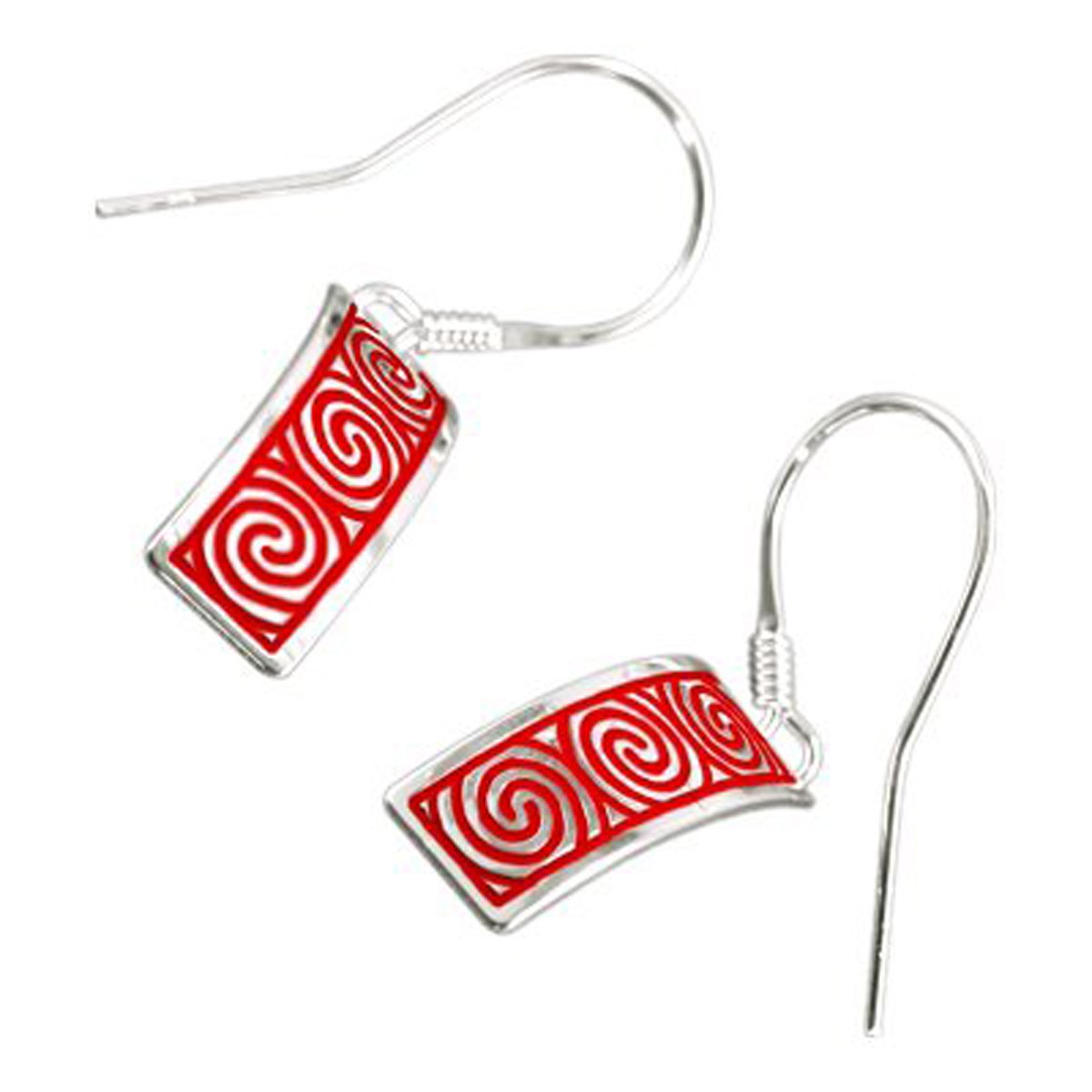 GWG Jewellery Earrings 925 Sterling Silver Rectangular Celtic Newgrange Spirals in Red Enamel in Gift Box for Women