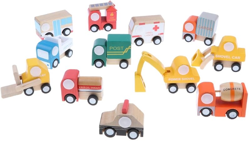 Amazon バス 貨物 スクールバス 消防車 救急車など 子ども 木のおもちゃ 車モデル おもちゃ 認知おもちゃ 積み木 おもちゃ