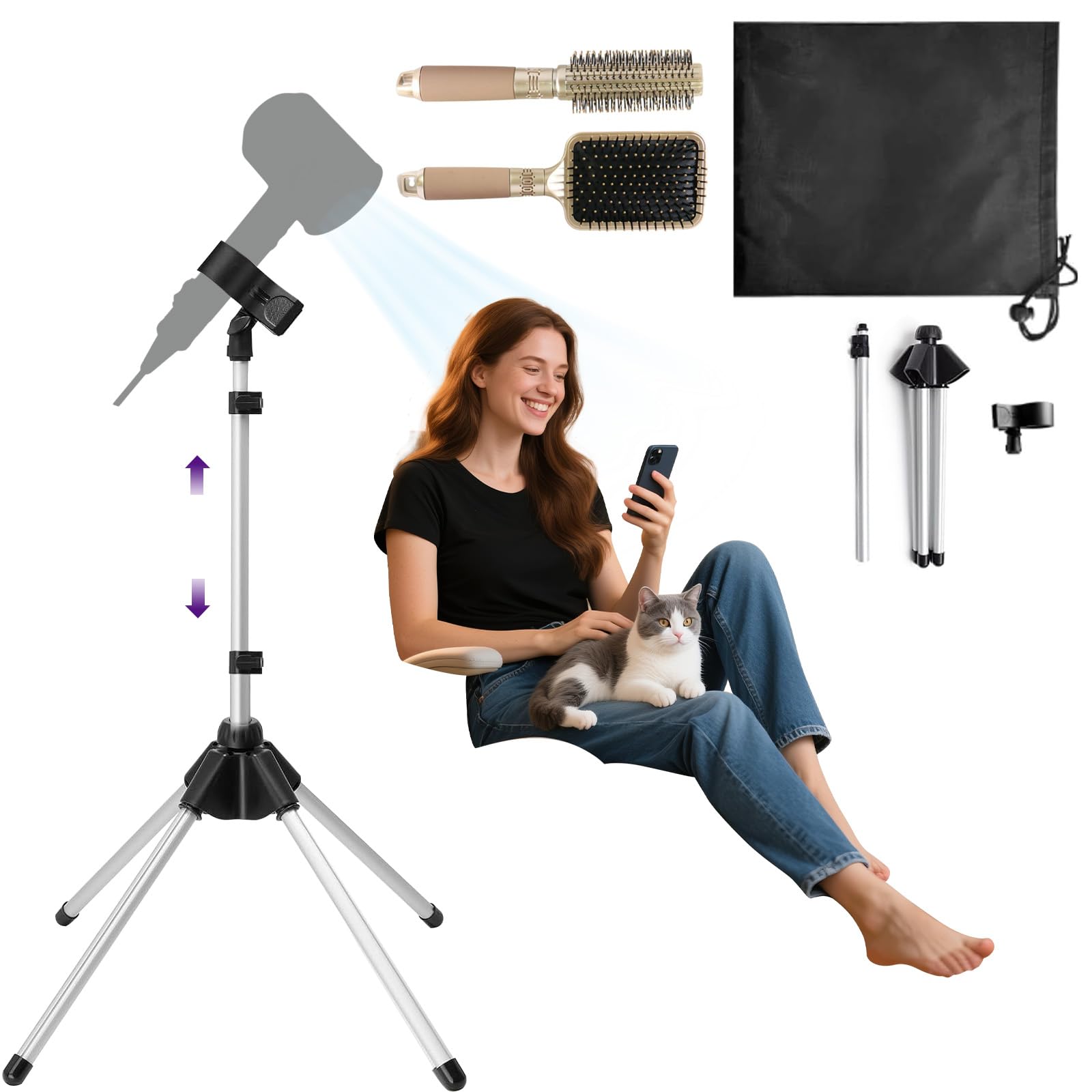 Photo 1 of ***(MISSING PARTS)***Adjustable Hands-Free Hair Dryer Stand, 23–63 inch Height, 360° Rotating Holder with Stable Tripod Base, Universal Fit Blow Dryer Stand for Styling, Makeup and Pet Drying (Black)