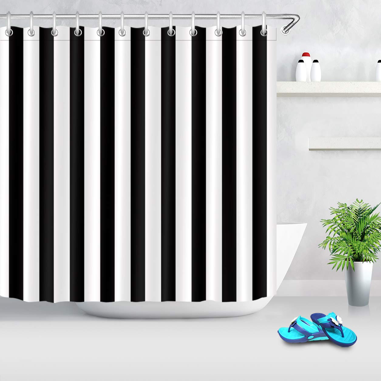 LB Black and White Stripe Shower Curtain,Black and White Shower Curtains for Bathroom,72x78 inch Waterproof Polyester Fabric,Concise Fashion Bathroom Decor,Hooks Included
