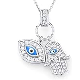 My Daily Styles 925 Silver Evil Eye Hamsa Necklace Jewelry Hamsa Blue White CZ Pendant - Protection Evil Eye Minimalist Simple Necklace Gift Perfect Religious Gift