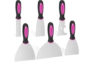 ThinkLearn Pink Putty Knife Set, Drywall Tools1" 2" 3" 4" 6" 8", Stainless Steel Putty Knife, Wallpaper Scraper Tool for Painting, Decorating, Removeing Decals and Mud（6PCS）