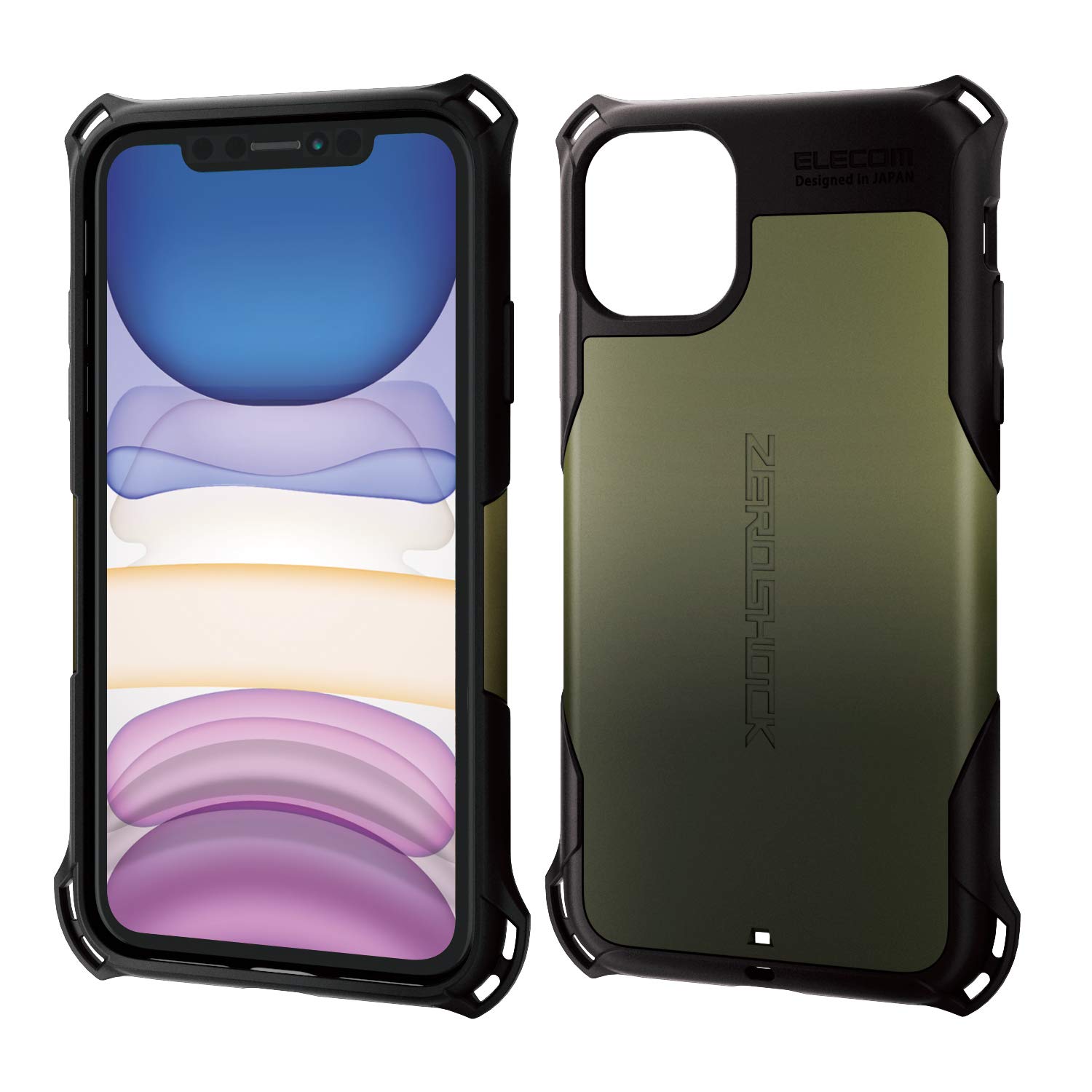 Elecom-Japan Brand- ZERO SHOCK Case & Film/Compatible with iPhone 11 / Film Included/Full Protection/Bumper/KHAKI PM-A19CZEROKH