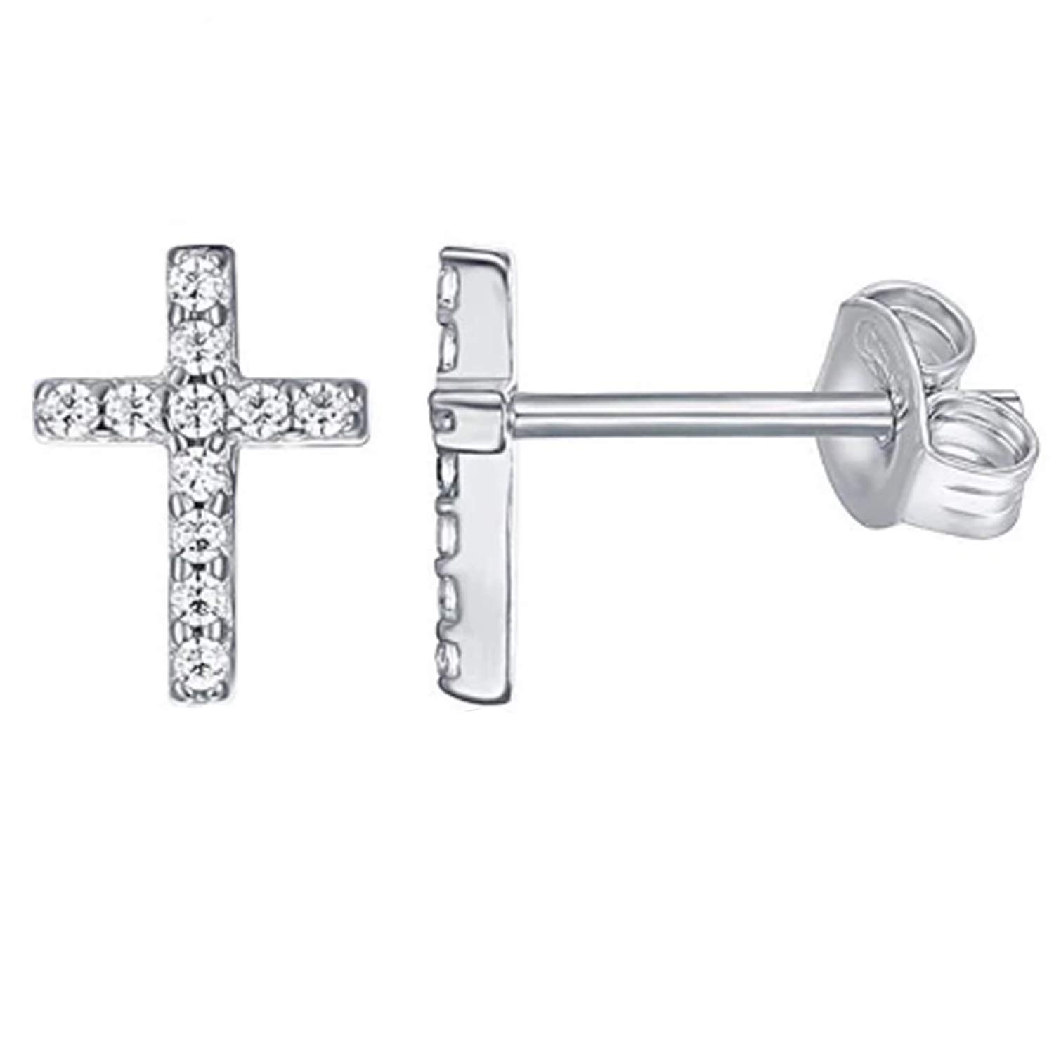 IzuBizu London Girls Womens 925 Sterling Silver Cross Cubic Zirconia Diamond Stud Earrings Religious Anniversary Engagement Birthday Easter