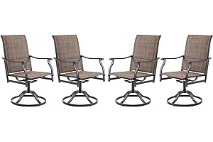PASBAS Swivel Patio Chairs Set of 4, Outdoor Patio Dining Chairs with Padded Textilene, Swivel & Rocker Metal Outdoor Dining Chair All-Weather for Backyard, Brown Fabric with Black Frame