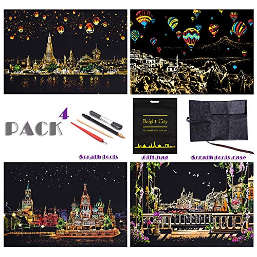 Rainbow Scratch Painting Paper By BOTEEN,City Series Night Scene,Scratch Painting Creative Gift,Scratchboard for Adult and Kids,with 4 Tools,Size:16''x11''(4 Pack)