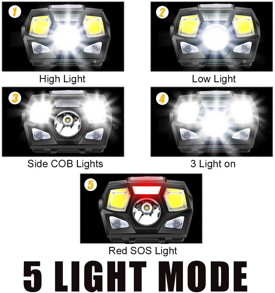 2Pack LED Headlamp Flashlight, Rechargeable LED Headlights, Super-Bright Waterproof Head Torch with Red Light and Motion Sensor, 5 Lighting Modes Work Head Lamp for Running, Camping, Fishing, Hiking - - 